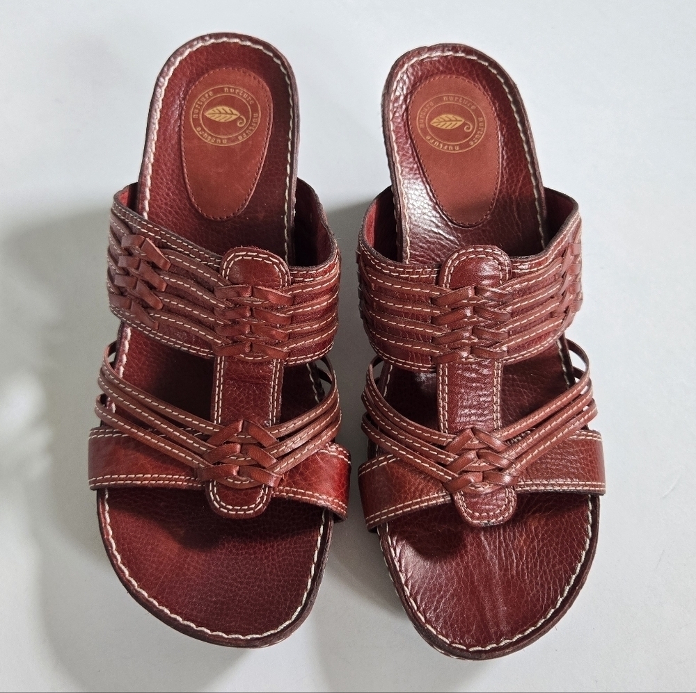 Nurture red leather slip on heeled sandals braided like new sz 8.5